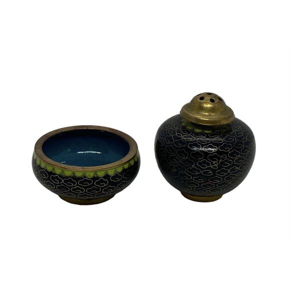 Vintage Set Chinese Black Cloisonné Salt Cellar Pepper Shaker Flowers Design - Picture 14 of 16